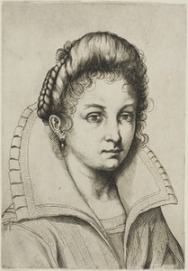 Busto ritratto di una donna con un grande colletto, dalla Scuola Perfetta per Imparare a Disegnare l