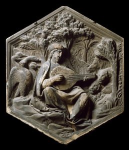 Allegoria della Musica come Orfeo. Gli animali della foresta ascoltano Orfeo suonare il liuto. Alto rilievo di Luca della Robbia da Luca Della Robbia