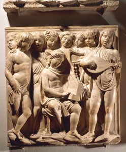 Laudate Eum in chordis et organo (Salmo 150, Laudate Dominum), pannello con ragazzi che cantano con organo, arpa e liuto da Luca Della Robbia