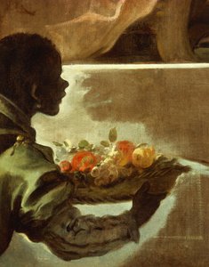 Servitore che presenta un cesto di frutta (dettaglio)