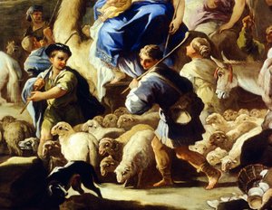 Pecore e pastori, dettaglio dalla partenza di Rebecca per Canaan, di Luca Giordano da Luca Giordano