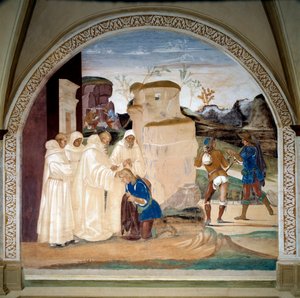 Vita di San Benedetto da Norcia (ca. 480-547): Benedetto ammonisce il fratello del monaco Valeriano che ha rotto il digiuno da Luca Signorelli