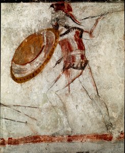 Un guerriero con una lancia e uno scudo affresco lucano del IV secolo a.C., dalla Tomba del Cavaliere, sito di Paestum, Italia. Museo nazionale archeologico, Paestum
