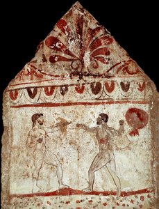 Due atleti che giocano a pugilato. Affresco lucano del IV secolo a.C., dalla necropoli di Paestum, Italia. Museo nazionale archeologico, Paestum