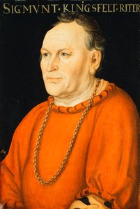 Ritratto di Sigmunt Kingsfelt, a mezzo busto, con un costume rosso