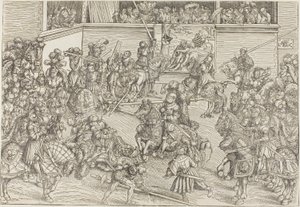 Il secondo torneo con un arazzo raffigurante Sansone e il Leone da Lucas Cranach the Elder