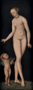 Venere con Amore come ladro di miele su sfondo nero da Lucas Cranach the Elder