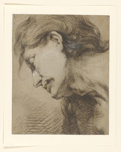Testa di uomo con capelli lunghi, guardando in basso a sinistra da Lucas Franchoys (attributed to)