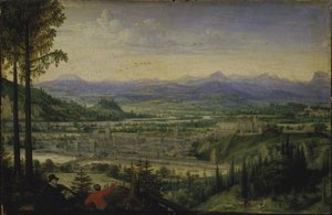 Vista di Linz con artista che disegna in primo piano, 1593 da Lucas Valckenborch van