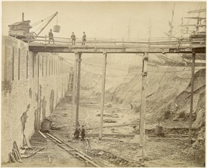 Costruzione del bacino ampliato di Limehouse, Londra, maggio 1869 da Lucas and Tuck