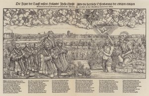 Federico III, Elettore di Sassonia e Martin Lutero assistono al battesimo di Cristo (incisione) da Lucas the Elder (after) Cranach