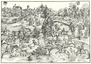 Caccia al cervo in un parco dei cervi o paesaggio (incisione) da Lucas the Elder (after) Cranach