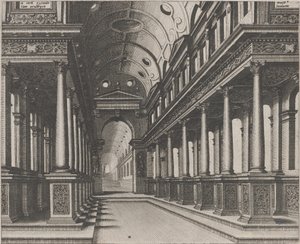 Interno di una chiesa con una statua sullo sfondo da Lucas van Doetechum and Johannes