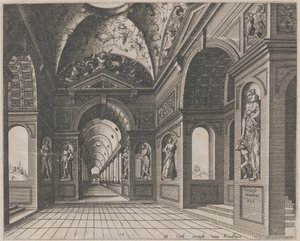 Interno di una sala a volta incrociata decorata con grottesche da Lucas van Doetechum and Johannes