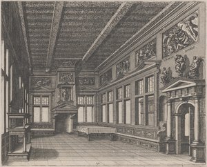 Interno con buffet, camino e dipinti religiosi da Lucas van Doetechum and Johannes