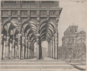 Loggia con termini di satiro e un giardino