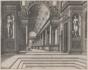 Veduta di una chiesa con colonne corinzie e statue di Apollo, Melpomene e Mosè da Lucas van Doetechum and Johannes