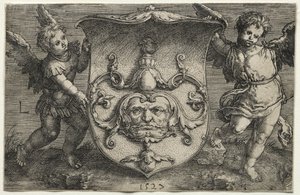 Uno scudo con una maschera sostenuta da due geni da Lucas van Leyden