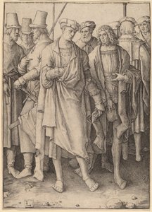 Un giovane con otto uomini armati da Lucas van Leyden