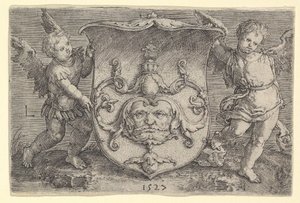 Stemma con una maschera, tenuto da due geni da Lucas van Leyden