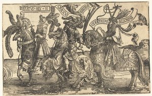 Gli eroi Re Artù, Carlo Magno e Goffredo di Buglione da Lucas van Leyden