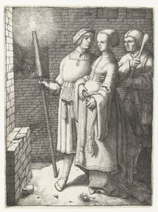 Giovane con una torcia, una donna e un giullare da Lucas van Leyden