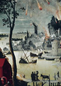 Lot e le sue figlie, dettaglio della distruzione di Sodoma da Lucas van Leyden