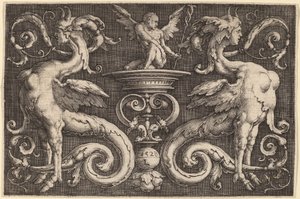 Ornamento con due sfingi e un uomo alato da Lucas van Leyden