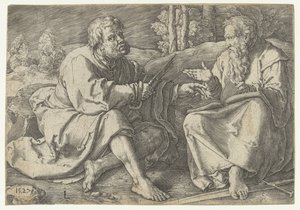 Paolo e Pietro seduti in un paesaggio da Lucas van Leyden