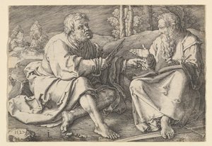 Santi Pietro e Paolo seduti in un paesaggio da Lucas van Leyden
