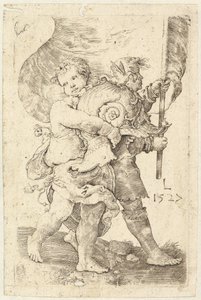 Due ragazzi con un elmo e uno stendardo da Lucas van Leyden