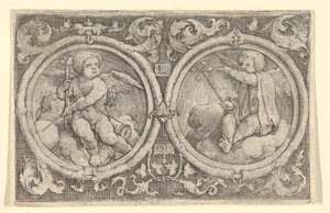 Due putti seduti su nuvole in cerchi con viticci