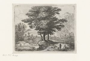 Tre alberi, un pastore con pecore e un cane da Lucas van Uden