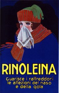 Pubblicità per il farmaco Rinoleina contro raffreddori, mal di gola e tosse. Illustrazione di Lucien Achille Mauzan (1883 - 1952). da Luciano Achille Mauzan