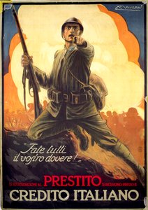 Poster di propaganda italiana della Prima Guerra Mondiale che pubblicizza i buoni di guerra da Luciano Achille Mauzan