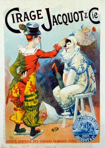 Pubblicità per il lucido Jacquot. Due clown che si truccano con il lucido. Disegno di Lucien Lefevre (1850-?). 1894 Parigi. Arti Decorative - Pubblicità per il lucido Jacquot: Due clown che si truccano con il lucido per scarpe, di Lucien Lefevre da Lucien Lefevre