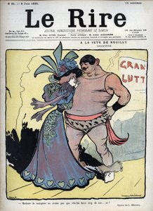 Alla festa di Neuilly: cura - una donna vestita elegantemente parla con un lottatore disegnato da Lucien Marie Francois Metivet - il riso dell