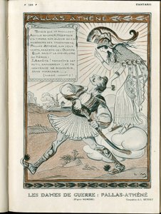 Illustrazione in "Fantasio", 01/04/15 - la donna della guerra Pallas-Athenee guerra 14-18 (incisione) da Lucien Metivet