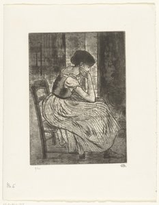 Giovane donna seduta vicino a un camino da Lucien Pissarro