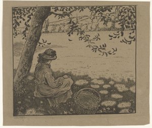Ragazza sotto un albero in un prato da Lucien Pissarro