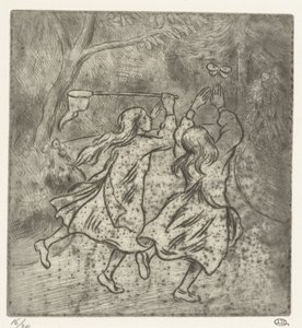 Due ragazze che catturano farfalle da Lucien Pissarro