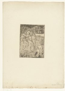 Donna con due ragazze in un prato da Lucien Pissarro