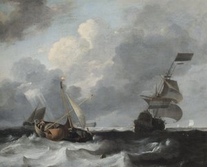 Tempesta al largo della costa con Man o War e barche da pesca da Ludolf Backhuysen