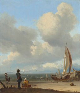 Olandese: Zeegezicht met figuren bij een vissersboot op het strand Un vasto paesaggio marino con figure vicino a una barca su una riva vicino a Huisduinen da Ludolf Bakhuizen