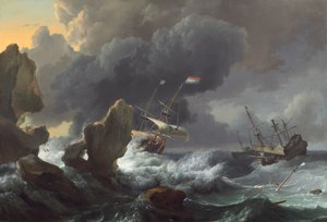 Navi in difficoltà al largo di una costa rocciosa