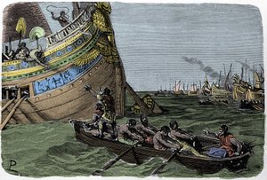 Marco Antonio si unisce a Cleopatra nella fuga dopo la sconfitta nella battaglia di Azio, illustrazione di Ludovico Pogliaghi da "Storia d