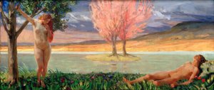 Adamo ed Eva in un paesaggio paradisiaco