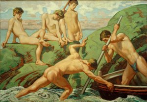 Nudi marinai (pescatori) e ragazzi sulla riva verde
