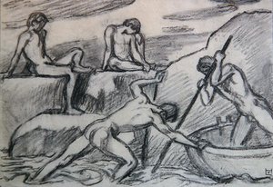 Barcaiolo nudo e giovani su una riva verde