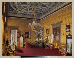 La sala Lyons (la sala gialla di disegno) del grande palazzo di Tsarkoye Selo (Russia)